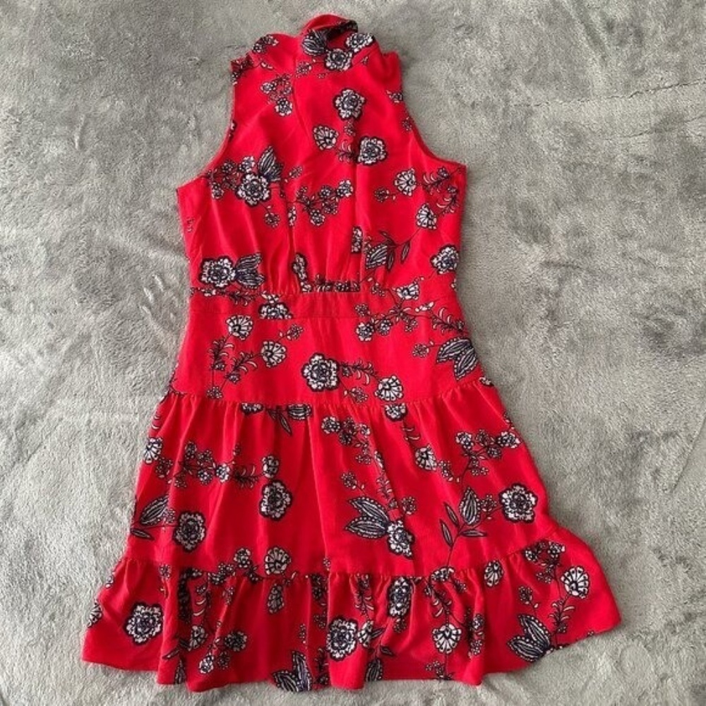 Red high neck floral halter dress above knee